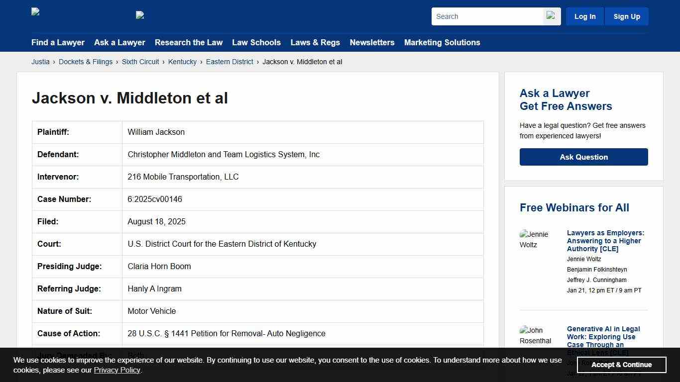 Jackson v. Middleton et al 6:2025cv00146 | U.S. District Court for the Eastern District of Kentucky | Justia